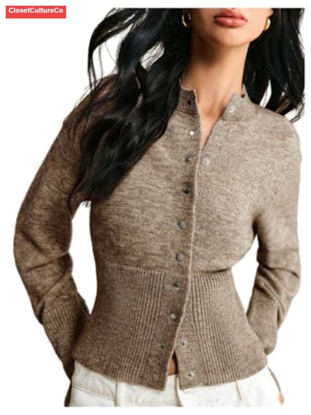 Women's Button Up Cinched Waist Cropped Cardigan Sweater Stretchy Knit
